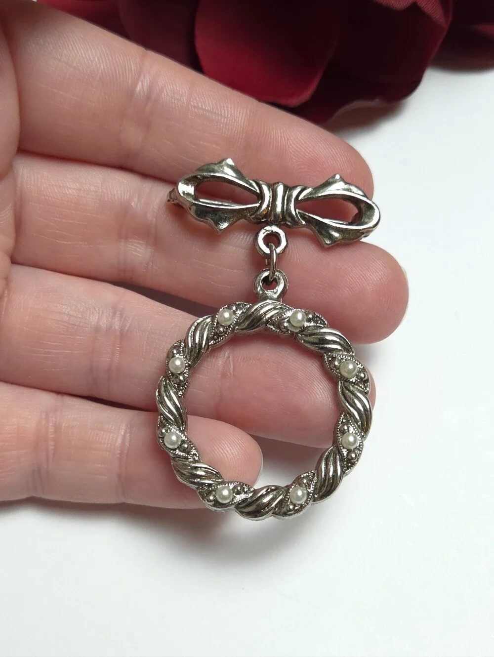 Vintage Silver Bow & Round Ornate Pearl Dangle Brooch